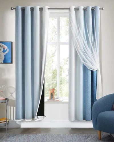Vista 19 de Cortinas 100% opacas con superposición de gasa Mix and Match de doble capa, 54 pulgadas de largo, 2 paneles para dormitorio y sala de estar, azul