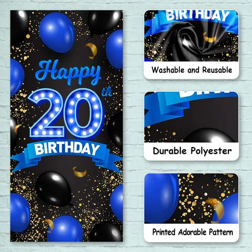 Vista 3 de Cartel de fondo azul y negro de feliz cumpleaños número 20, decoración temática de globos de confeti para niñas y mujeres de 20 años, decoraciones