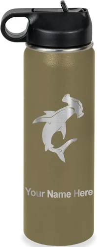 Vista 44 de LaserGram Botella de agua personalizada, tiburón martillo, acero inoxidable de doble pared aislada al vacío con popote superior, regalo grabado