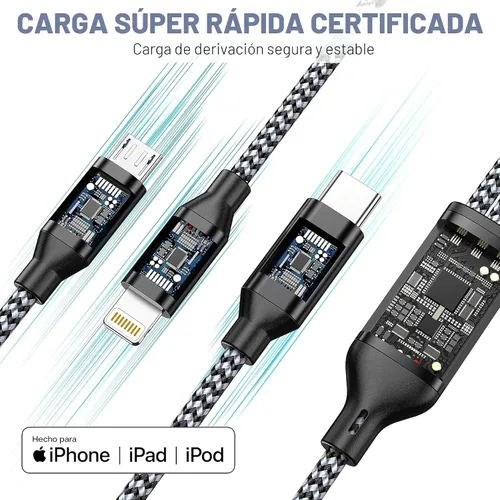 Vista 4 de Cable de carga múltiple de 10 pies, paquete de 2 cables de carga 3 en 1, cable largo de nailon trenzado rápido, cable de carga USB, cable de carga