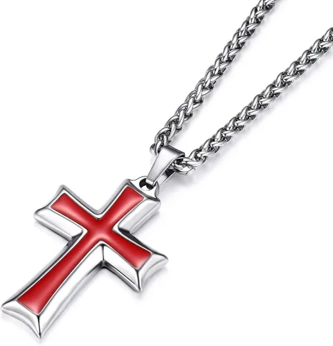 Vista 16 de HZMAN Collar con colgante de cruz de acero inoxidable para hombres con cadena de trigo Negro & rojo