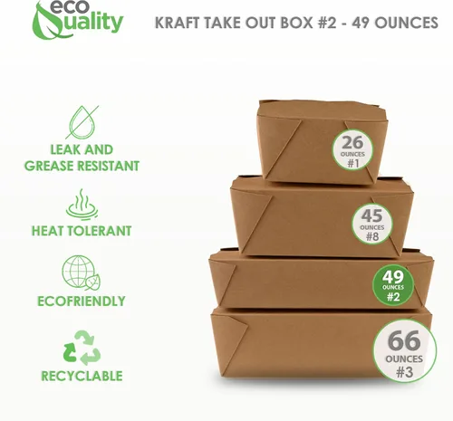 Vista 3 de [400 paquetes] Recipientes para alimentos de 49 oz de papel kraft marrón para sacar cajas de comida resistentes al microondas y a la grasa