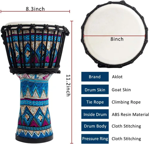 Vista 5 de Tambor africano de Djembe, estándar 8 '' tambores cosidos tela azul del Congo, tambor profesional del bongo con la cabeza del tambor de la piel