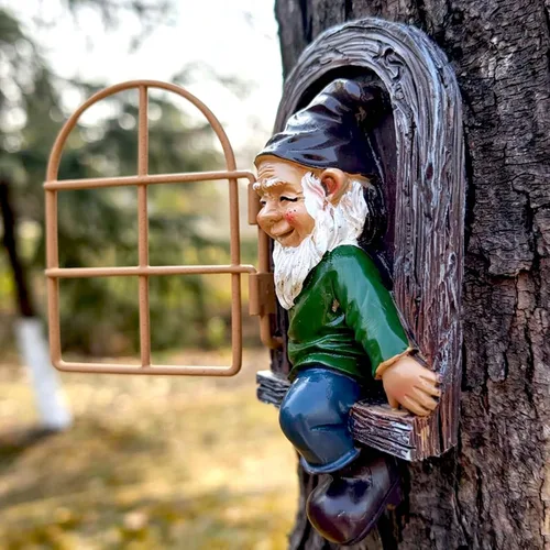 Vista 2 de Tirifer Gnomos de jardín, elfo fuera de la puerta, decoración al aire libre enanos 3D al aire libre, escultura de árbol de gnomo, decoración