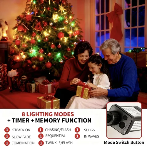Vista 2 de MZD8391 300 luces LED rojas y verdes de 105 pies, luces de Navidad para interiores y exteriores, luces de árbol de Navidad, decoraciones de fiesta