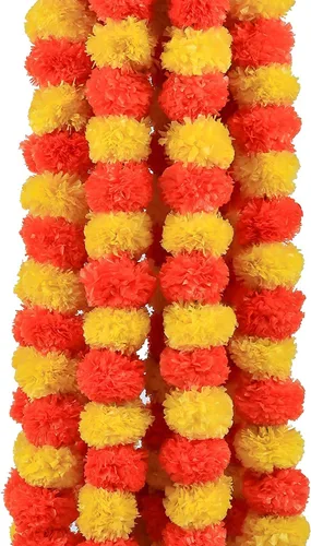 Vista 6 de Guirnalda de caléndula para decoración de flores artificiales de caléndula de 5 pies de largo, decoración india para Pooja, boda, Navidad, eventos