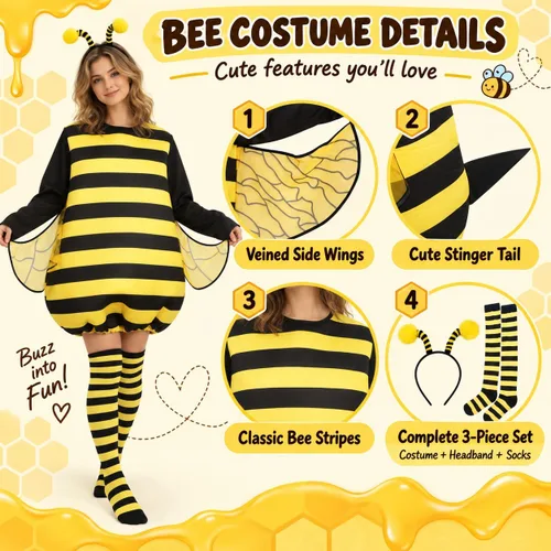 Vista 6 de Disfraz de abeja adulta para mujer, traje de abejorro de 4 piezas Negro y amarillo
