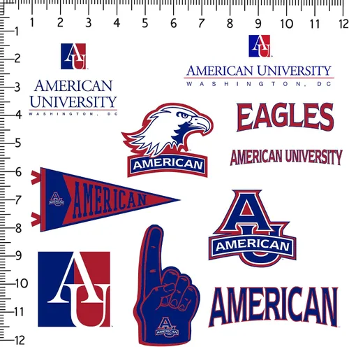 Vista 2 de American University Paquete Variado de 10 Calcomanías Grandes de Vinilo de Lujo - Laptop, Botella de Agua, Scrapbooking, Tableta, Monopatín