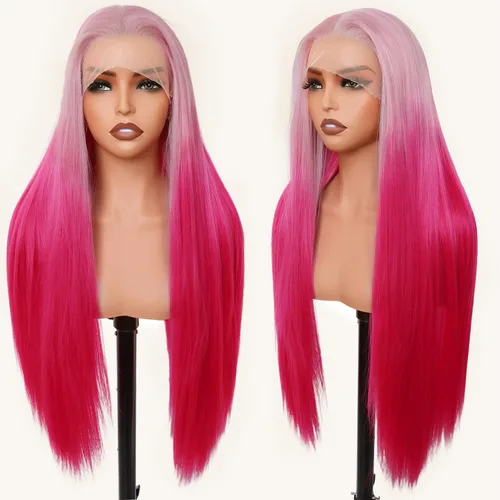 Vista 16 de SOKU 13x6 Peluca de encaje frontal HD transparente de 32" con cabello de bebé sintético pre-depilado resistente al calor de parte libre marrón