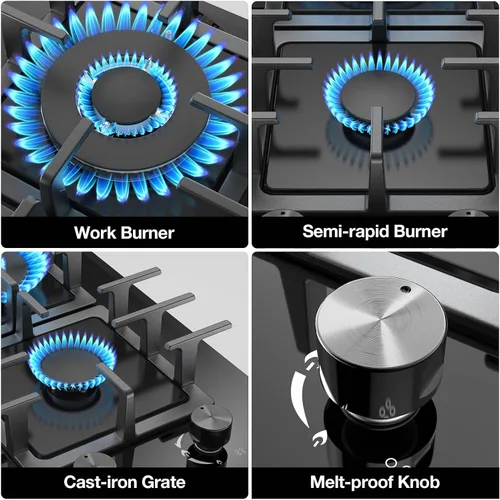 Vista 3 de Estufa de Gas de 2 Quemadores Tope de Cocina de Propano, Tope de Cocina de Gas de Vidrio Templado de 12 Pulgadas Quemador de Gas de Acero Inoxidable