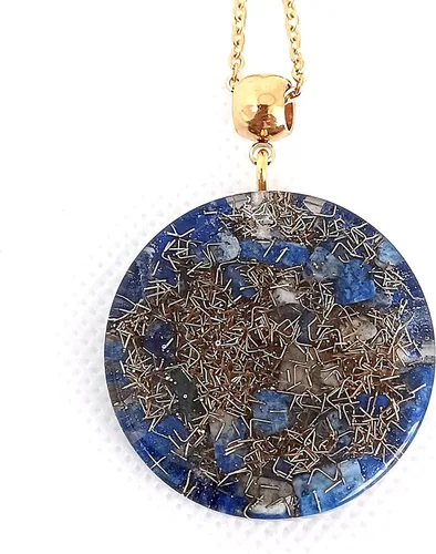 Vista 5 de Collar con colgante de energía de orgón con estrella de David Chai de acero dorado y auténticas piedras de lapislázuli. Fabricado en Estados Unidos