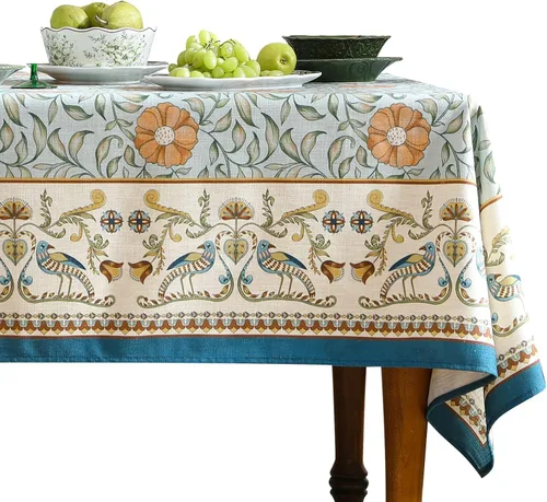 Vista 11 de [Usado] patdrea Mantel largo de lino de diseño verde para mesa rectangular, mantel vintage transpirable con patrón de frutas amarillas, funda