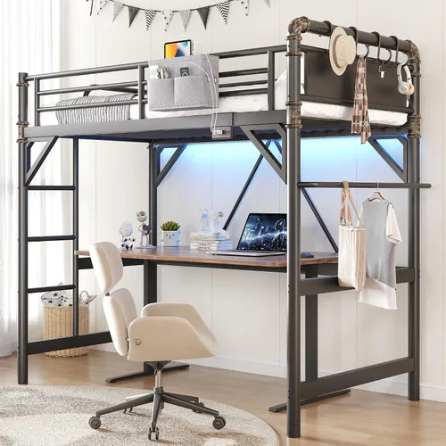 Vista 9 de Cama tipo loft tamaño Twin con luces LED y estación de carga, marco de cama loft de metal industrial de servicio pesado con escalera y barandilla