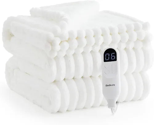 Vista 9 de Bedsure Manta eléctrica tamaño matrimonial – Manta térmica de franela gruesa a rayas con 6 ajustes de calor, 10 ajustes de tiempo, temporizador de 8