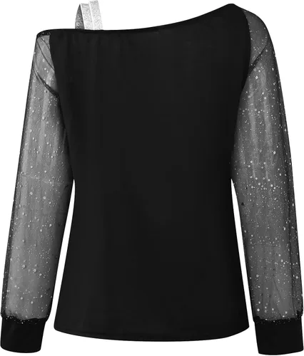 Vista 5 de NOKMOPO Tops de otoño para mujer, cuello diagonal de moda, manga larga, cuello de una línea, tops de manga larga para mujer