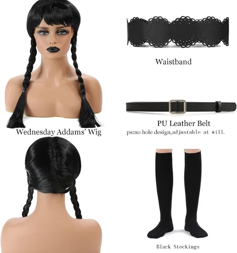 Vista 5 de Moiegouct Wednesday Addams - Disfraz de Addams, vestido negro de Addams, disfraz de fiesta de Halloween para niños y niñas con peluca, cinturones