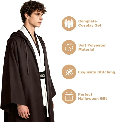 Vista 5 de Disfraz de túnica con capucha para hombre, uniforme completo, disfraz de Halloween, cosplay, capa para adultos Blanco