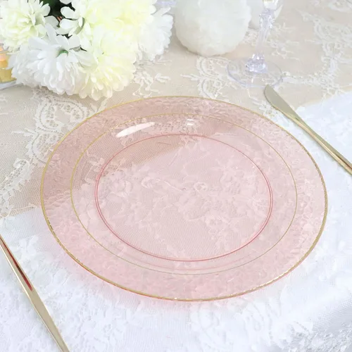 Vista 11 de Efavormart - Paquete de 10 platos de postre de plástico martillado de oro rosa rubor de 7.5 pulgadas con borde dorado, platos redondos desechables