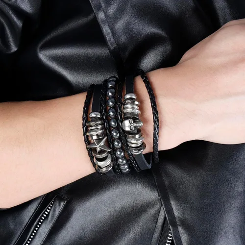Vista 2 de MILAKOO 3 pulseras unisex punk retro góticas de cuero sintético con cuentas de hematita