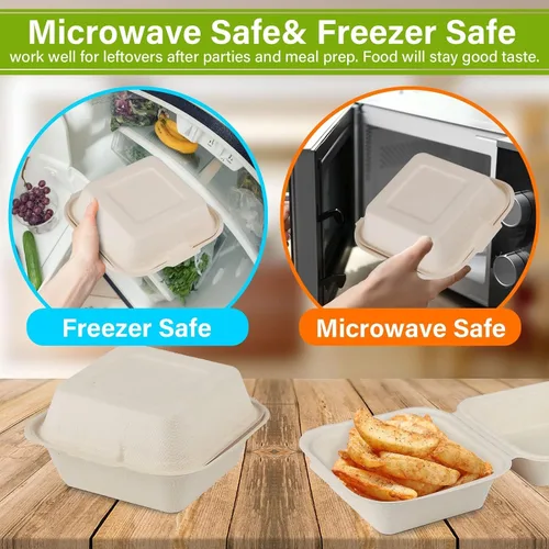 Vista 5 de greensight Contenedor de comida compostable para llevar de 6 x 6, paquete de 100 recipientes desechables de almeja para alimentos, cajas