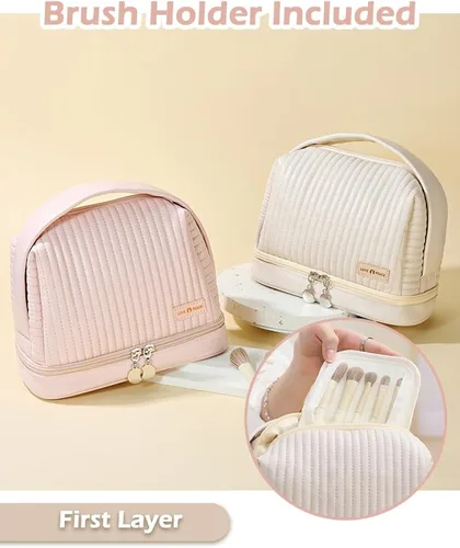 Vista 3 de Bolsa de cosméticos para mujer, bolsa de aseo con un compartimento separado, bolsa de maquillaje de viaje con soporte para cepillos extraíble Rosa
