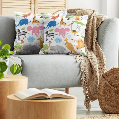 Vista 5 de Ambesonne Paquete de 2 fundas de cojín de animales, diseño de jirafa, elefante, cebra, tortuga, niños, guardería, estampado de dibujos animados