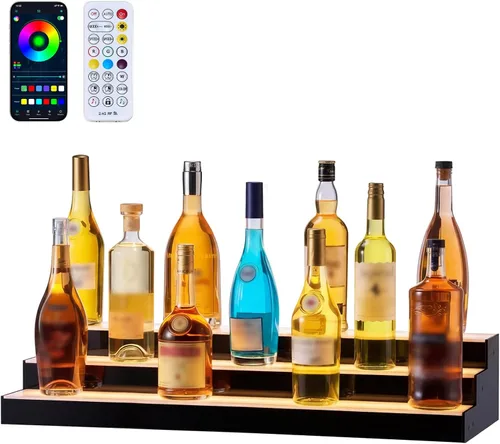 Vista 18 de VEVOR Pantalla de botella de licor con iluminación LED, 2 niveles de 30 pulgadas, compatible con USB, estante iluminado de bar para el hogar