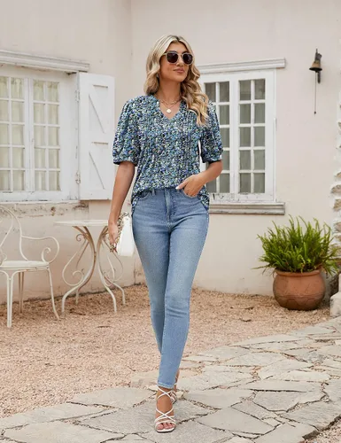 Vista 6 de Camisetas de verano con cuello en V para mujer, de manga corta, estilo casual, a la moda
