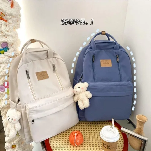 Vista 3 de Bonita mochila con colgante de oso y pato Kawaii Ulzzang japonés, coreano, bolsa grande, mochila informal para adolescentes, Estilo 09 Azul, L