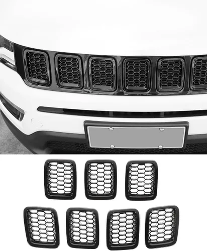 Vista 8 de Hoolcar 7 piezas de insertos de parrilla delantera con malla para accesorios exteriores Jeep Compass 2017-2020, cromo