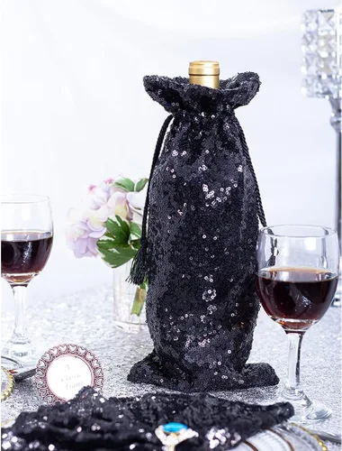 Vista 9 de Eternal Beauty 4 bolsas de vino con cordón, cubierta de botella de lentejuelas para bodas de cumpleaños (14 x 6 pulgadas, negro)