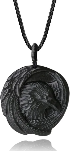 Vista 18 de COAI Collar de obsidiana negra de cuervo de joyería vikinga para hombre