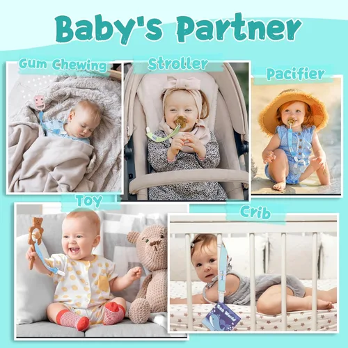 Vista 4 de Babygoal Clips neutros para chupete, paquete de 4 unidades con asa para chupetes y baberos, se adapta a la mayoría de chupones y baberos 4PS07-B