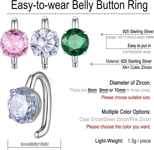 Vista 6 de FLYUN Belly Button Ring with Easy-to-wear Hook 14G10MM Hypoallergenic Sterling Silver Belly Ring Belly Piercing Ring Navel Piercing Jewelry