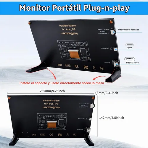 Vista 4 de GeeekPi Pantalla LCD de 10.1 pulgadas para Raspberry Pi, pantalla LCD IPS de 1024 x 600, monitor portátil HDMI para Raspberry Pi 5/Pi