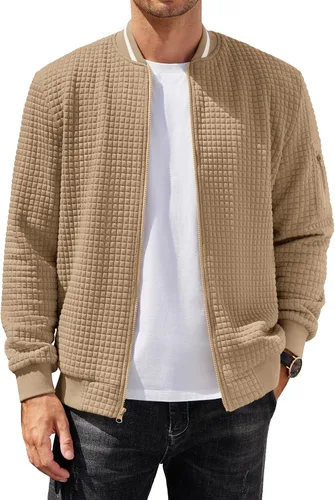 Vista 14 de COOFANDY - Chaqueta de suéter con cremallera para hombre, sudadera acanalada, bomber ligera, casual