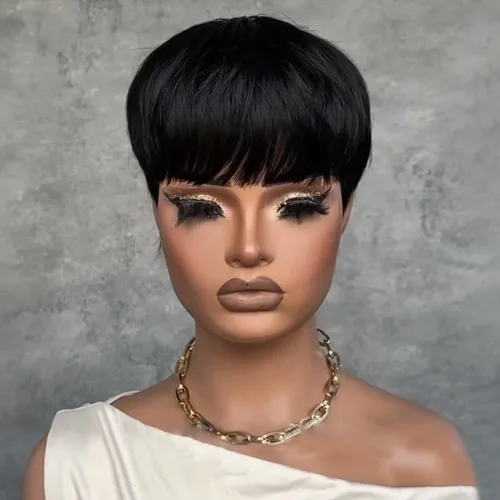 Vista 7 de YJOQOKOA Peluca corta de cabello humano estilo Bob para mujeres negras, pelucas de cabello humano con corte Pixie, sin pegamento, sin encaje