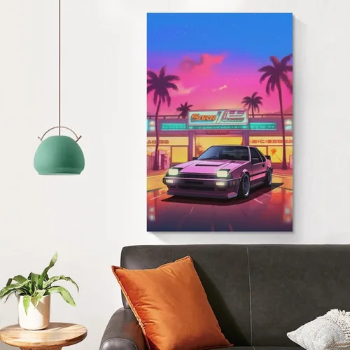 Vista 4 de Ae86 - Póster de neón Synthwave Retro JDM para automóvil, póster e impresiones de arte de pared, pintura colgante para dormitorio, aula, dormitorio