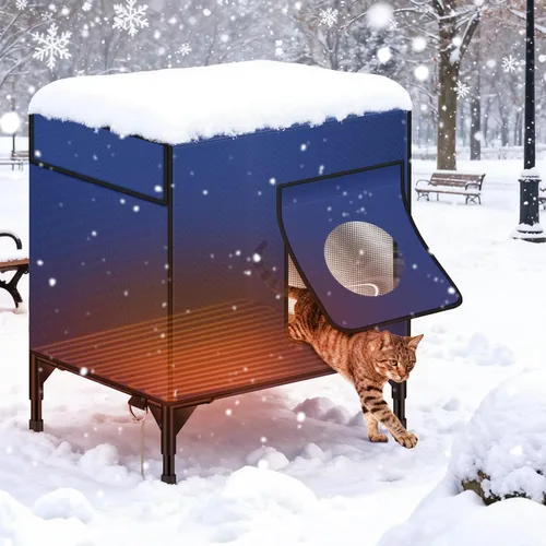 Vista 2 de Zikopomi Casa climatizada para gatos para exteriores con base elevada, casa para gatos al aire libre con 2 puertas de escape seguras, diseño