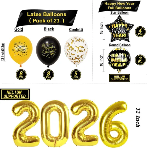Vista 2 de Juego de decoraciones de Feliz Año Nuevo 2026, enormes globos de números de lámina dorada 2026, pancarta de feliz año nuevo, globos de látex negros
