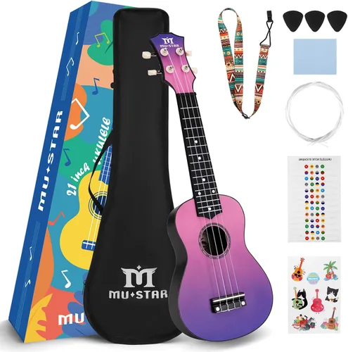 Vista 12 de Ukelele Soprano MUSTAR, Ukelele de Tilo de 21 Pulgadas para Principiantes, Kit de Ukeleles con Bolsa de Concierto, Correa, Púas, Paño, Adhesivo Azul