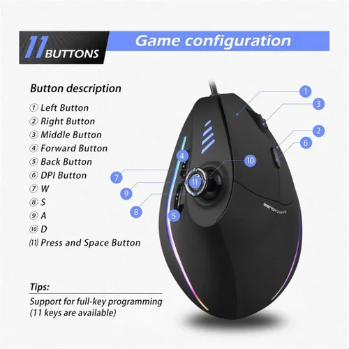 Vista 3 de ZLOT Ratón vertical para juegos, joystick USB ergonómico RGB con cable, mouse láser programable, diseño 6+1, 11 botones, tasa máxima de sondeo