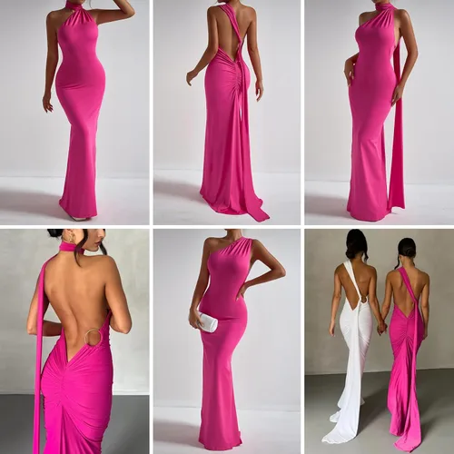 Vista 5 de Vestido largo sexy de un hombro descubierto para mujer, elegante, fruncido, sin mangas, con anillo en O, vestido de noche, vestido largo de cóctel