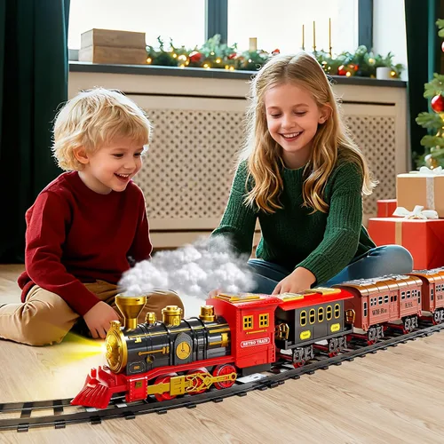 Vista 3 de Juego de tren eléctrico para niños, juguetes de tren de Navidad con humo, luz y sonido, pistas de tren de construcción de bricolaje debajo del árbol