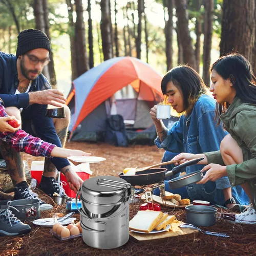 Vista 7 de Lixada Hervidor de cocina para camping, olla de acero inoxidable de 1 litro con mango plegable y cubierta de doble uso, portátil para senderismo