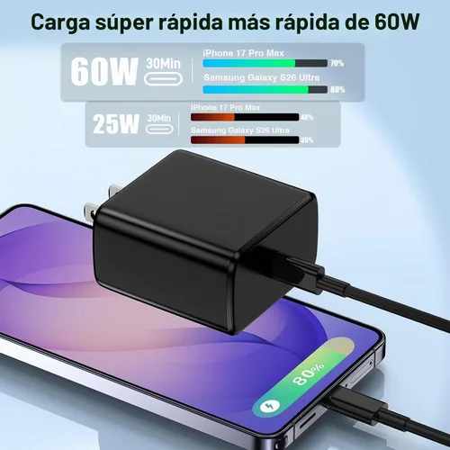 Vista 2 de Hzevn Bloque de cargador de pared rápida USB C de 60 W para teléfonos Galaxy S26 Android, paquete de 3 adaptadores de cargador súper rápido