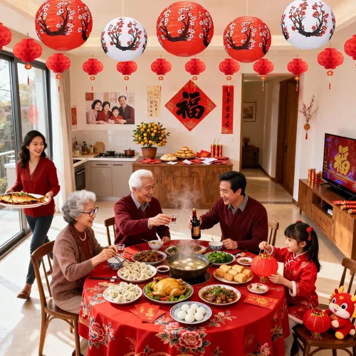 Vista 4 de 18 piezas de decoraciones de fiesta Hibachi, linternas japonesas y linternas chinas rojas Cherry blossom and red lanterns create a layered party