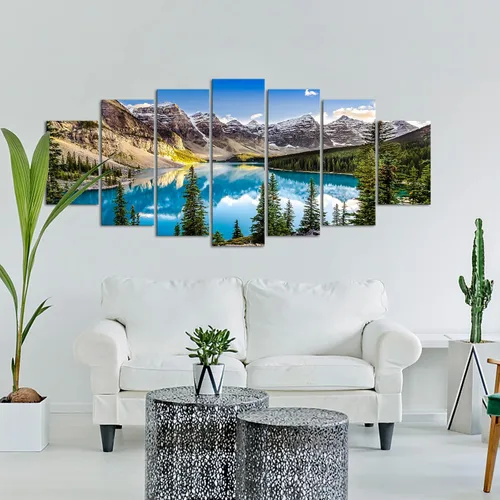 Vista 3 de Enorme lienzo de 7 piezas de arte para pared, vista del lago Moraine y cordillera al atardecer en las montañas rocosas canadienses, arte moderno