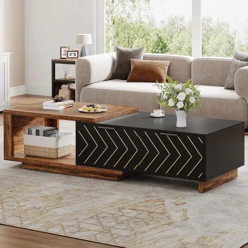 Vista 6 de Tribesigns - Mesa de café extensible con 2 cajones de almacenamiento, mesa central de dos tonos con tablero deslizante, mesa de cóctel rectangular