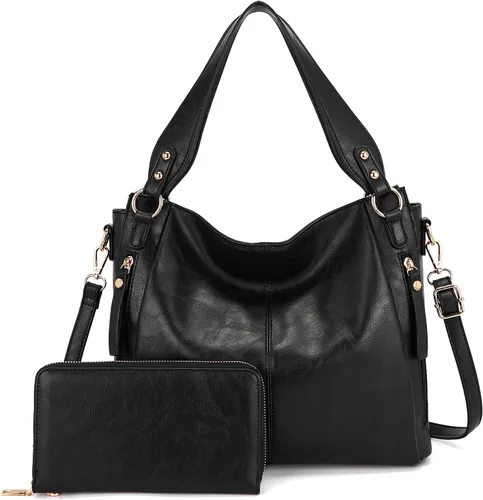 Vista 7 de Juego de 2 bolsos de mano para mujer, bolsos de hombro y cartera para mujer Negro
